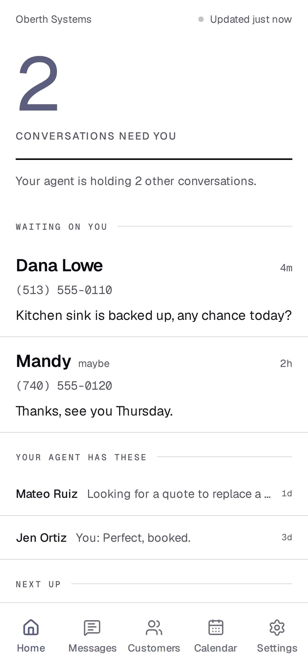The Back-Talk Operator home screen, showing two conversations needing a person, the callers waiting on a reply, and the threads the agent is still holding.