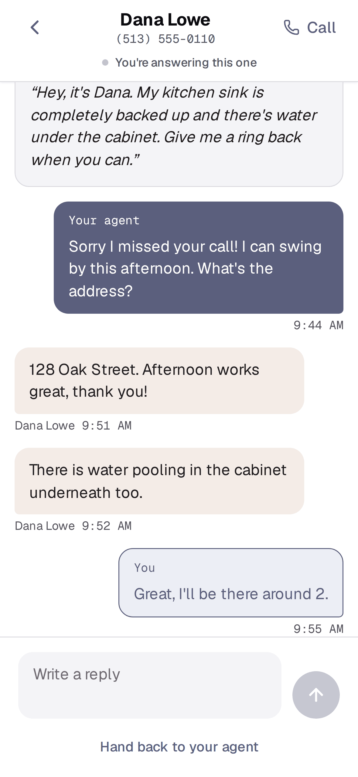 A conversation in Back-Talk Operator: the caller's voicemail quoted in full, the agent's reply offering to come by that afternoon, the caller giving an address, and the owner taking the thread over to confirm a time.